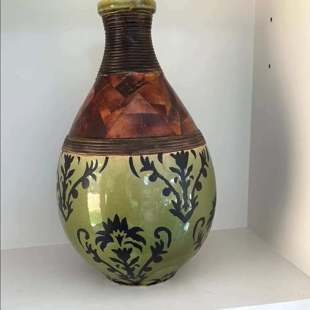 PIER ONE LARGE Decorative Ceramic Vase with Green Brown Black Pattern Decor